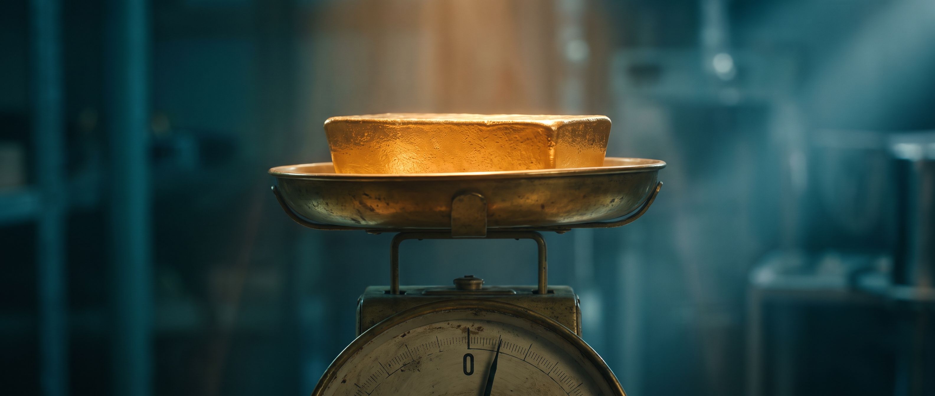 A heavy solid gold bar glowing warm amber sitting on the pan of an old weighing scale whose needle is pinned flat at zero, deep teal shadow around - the thing has obvious weight and value, and the instrument reads nothing.
