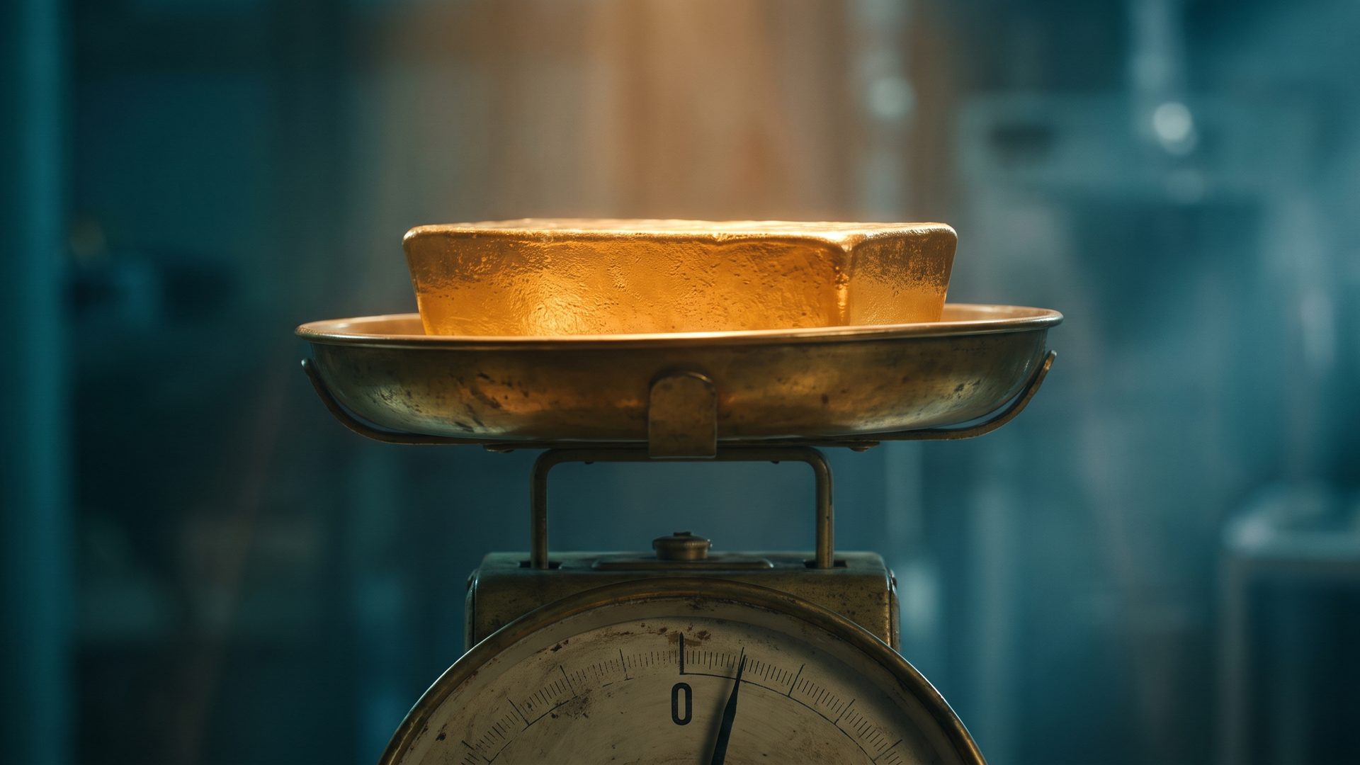 A heavy solid gold bar glowing warm amber sitting on the pan of an old weighing scale whose needle is pinned flat at zero, deep teal shadow around - the thing has obvious weight and value, and the instrument reads nothing.