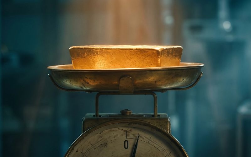 A heavy solid gold bar glowing warm amber sitting on the pan of an old weighing scale whose needle is pinned flat at zero, deep teal shadow around - the thing has obvious weight and value, and the instrument reads nothing.