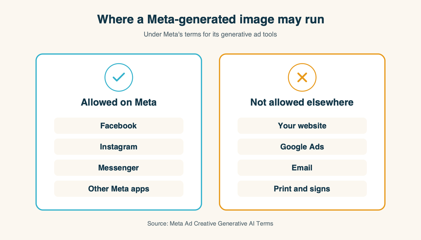 Where a Meta-generated ad image may run under Meta's terms: on Facebook, Instagram and other Meta platforms, yes; on your website, Google Ads, email and print, no