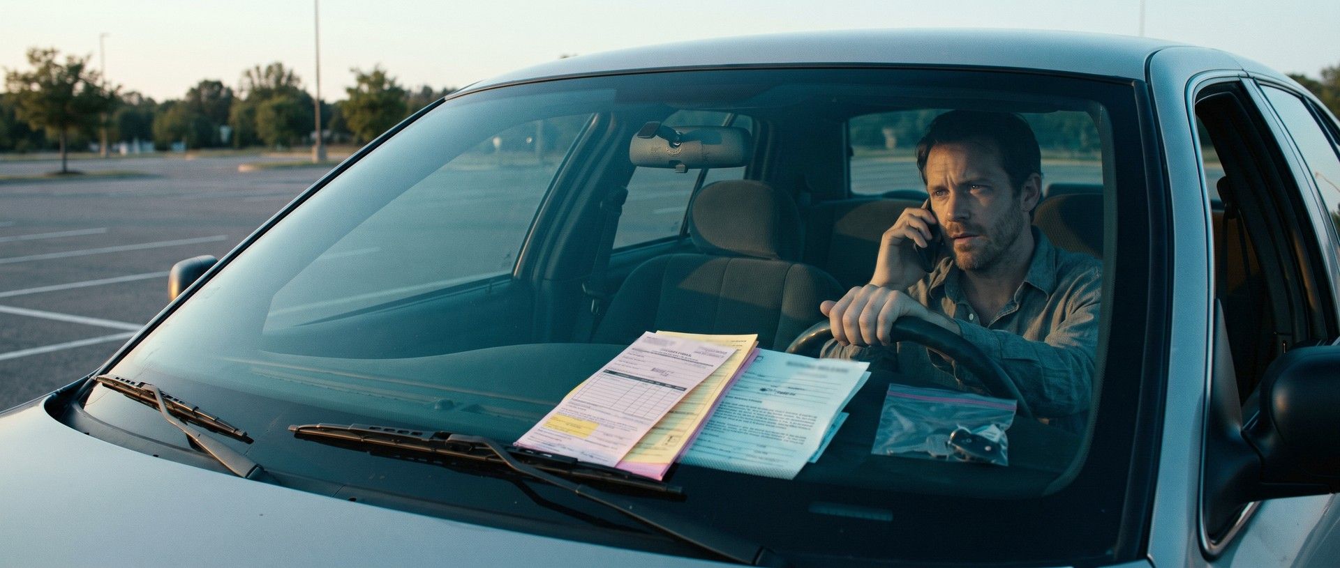 Seen through the windshield of a parked silver sedan in an empty lot at dawn, a tired man in a wrinkled shirt holds a phone to his ear, with a multi-part court citation, a booking release form and a bag holding his keys on the dashboard