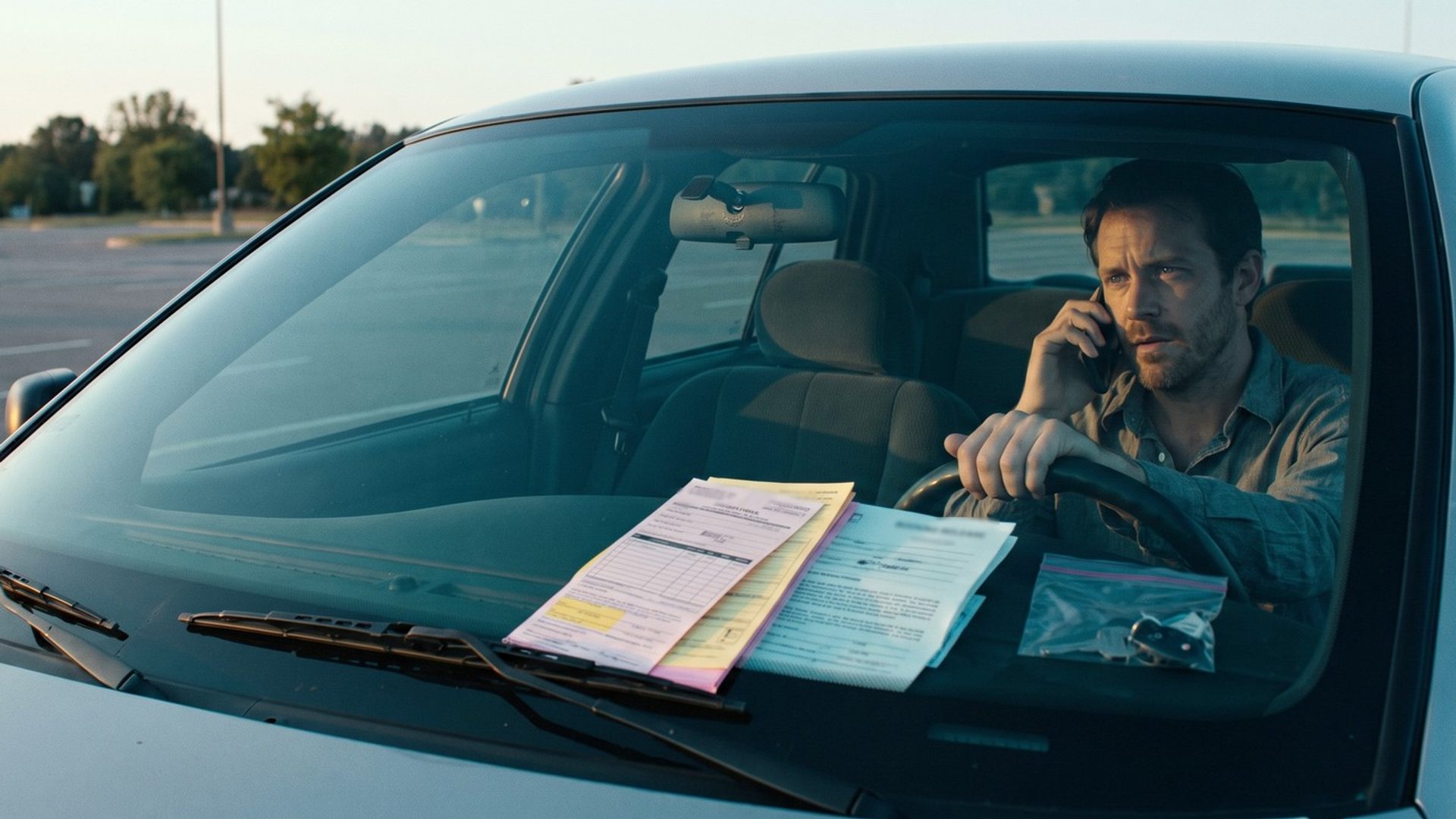 Seen through the windshield of a parked silver sedan in an empty lot at dawn, a tired man in a wrinkled shirt holds a phone to his ear, with a multi-part court citation, a booking release form and a bag holding his keys on the dashboard