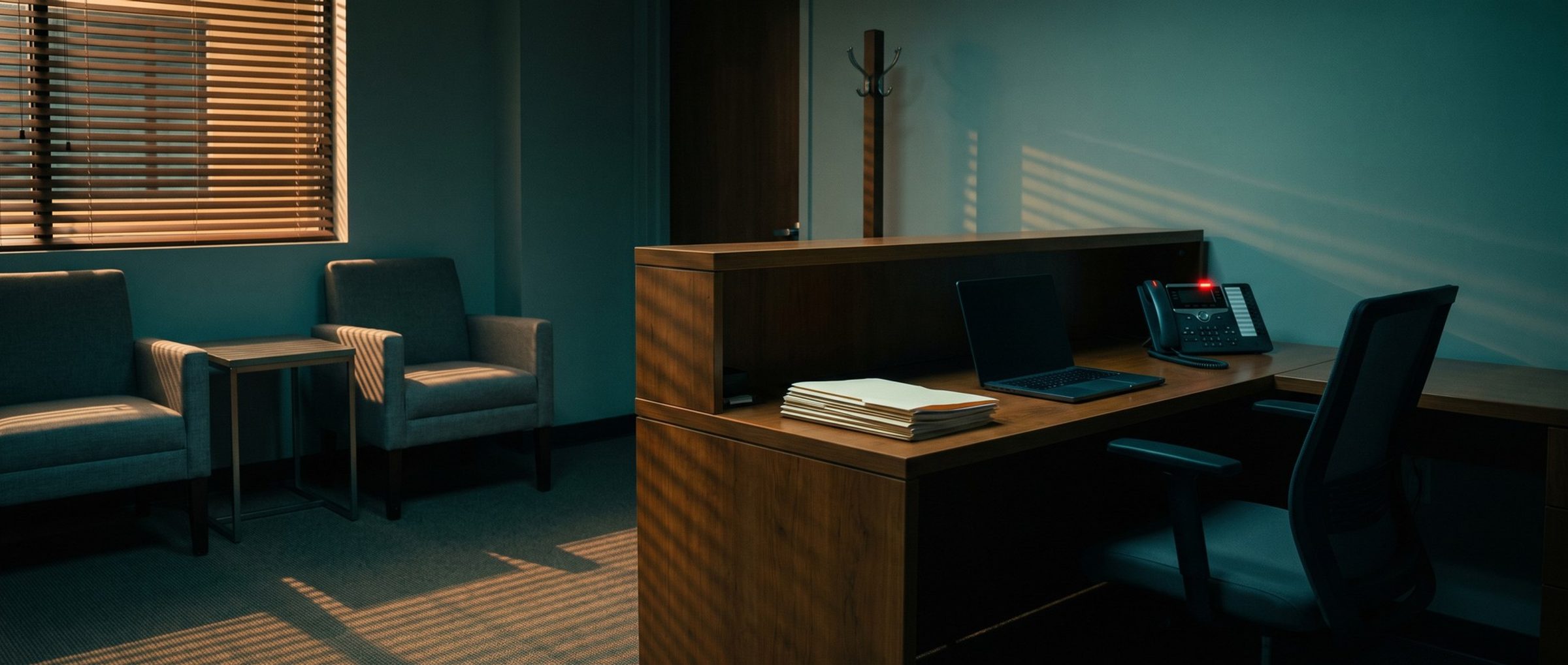 A small law office reception area just after closing: the chair pushed in at an empty wooden desk, dusk light striping through the blinds, and the desk phone's red message light glowing
