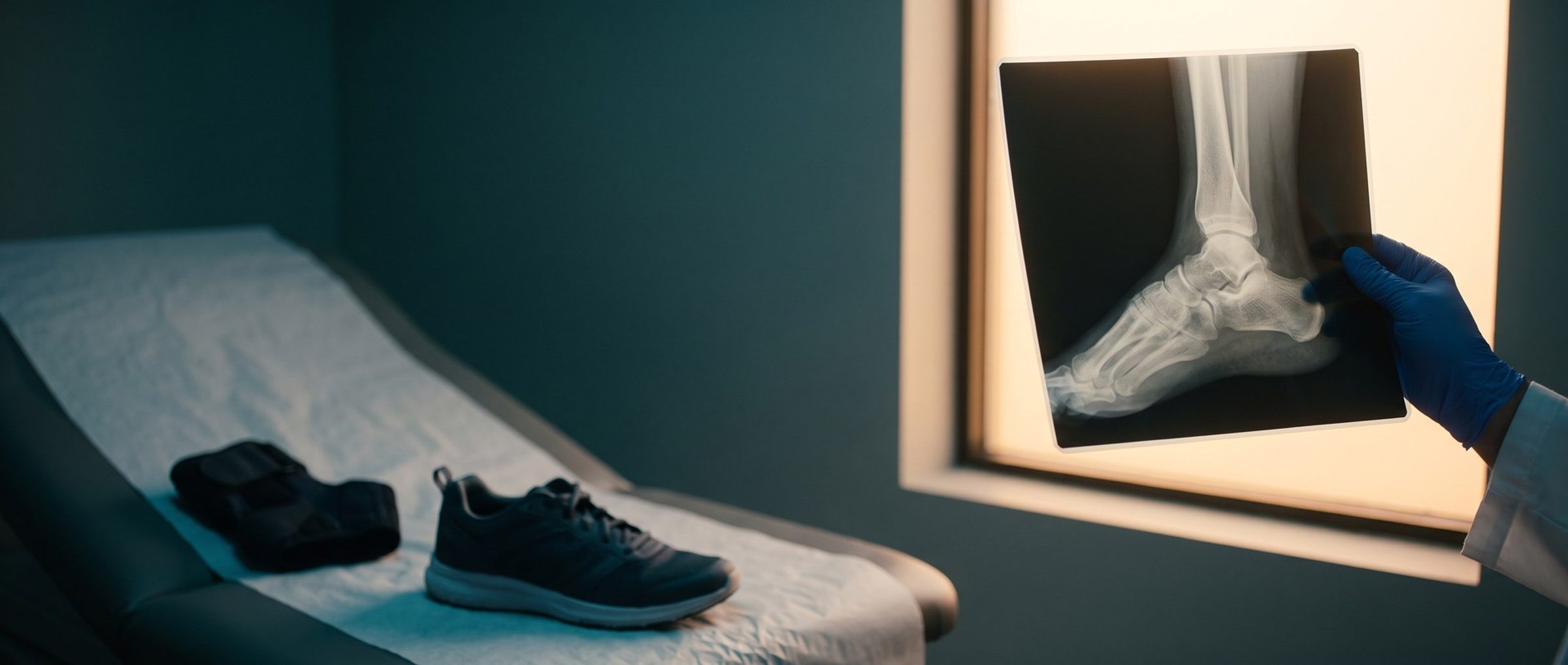 In a small urgent care exam room, a gloved hand holds an ankle X-ray film up to a bright window while a sneaker and an ankle brace rest on the exam table