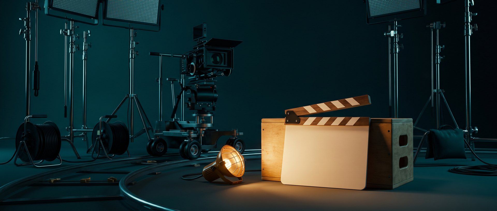 A rigged film set at night with a completely blank clapperboard lit in the foreground