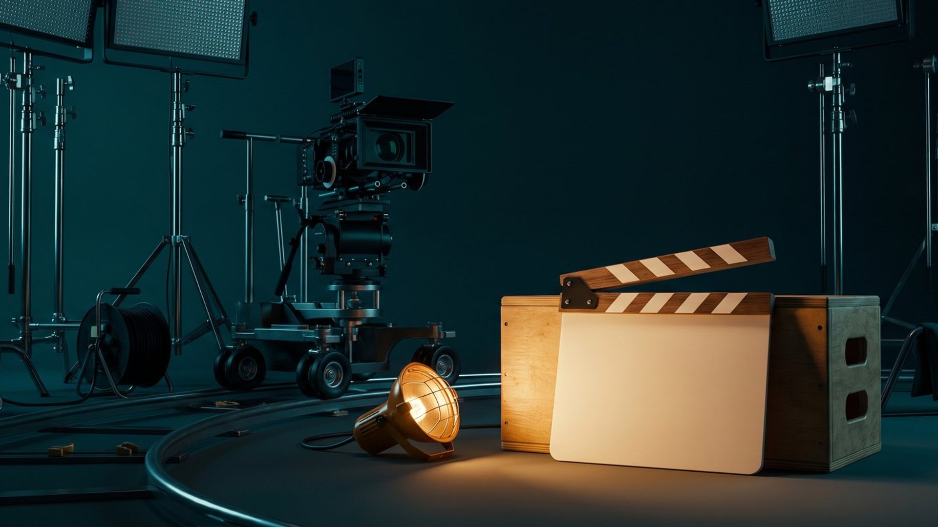 A rigged film set at night with a completely blank clapperboard lit in the foreground