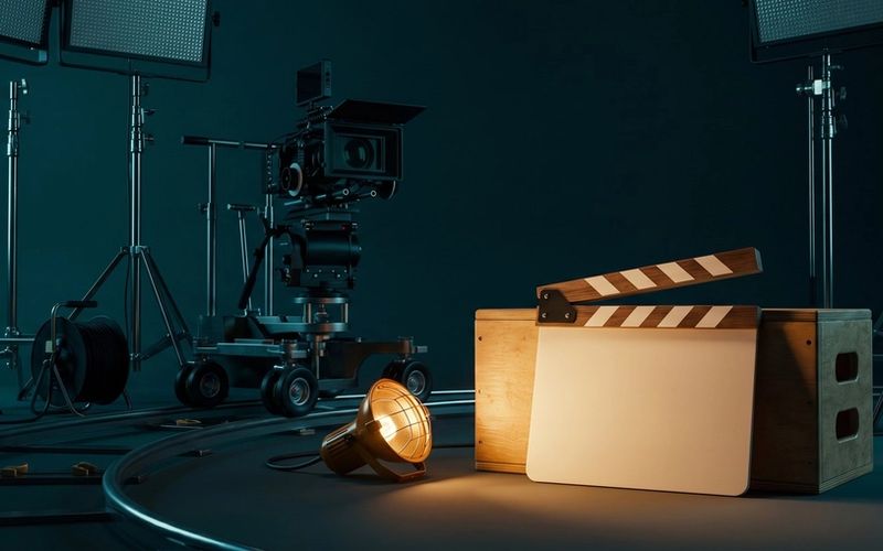 A rigged film set at night with a completely blank clapperboard lit in the foreground