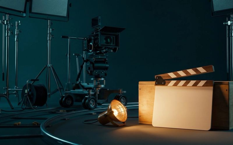 A rigged film set at night with a completely blank clapperboard lit in the foreground