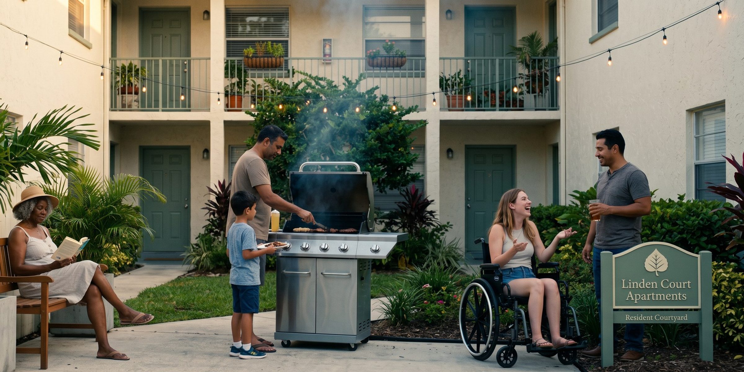 Neighbors of different ages share the courtyard of Linden Court Apartments at golden hour: a grandmother reading on a bench, a father grilling with his young son, and a young woman in a wheelchair laughing with a neighbor beside the community sign