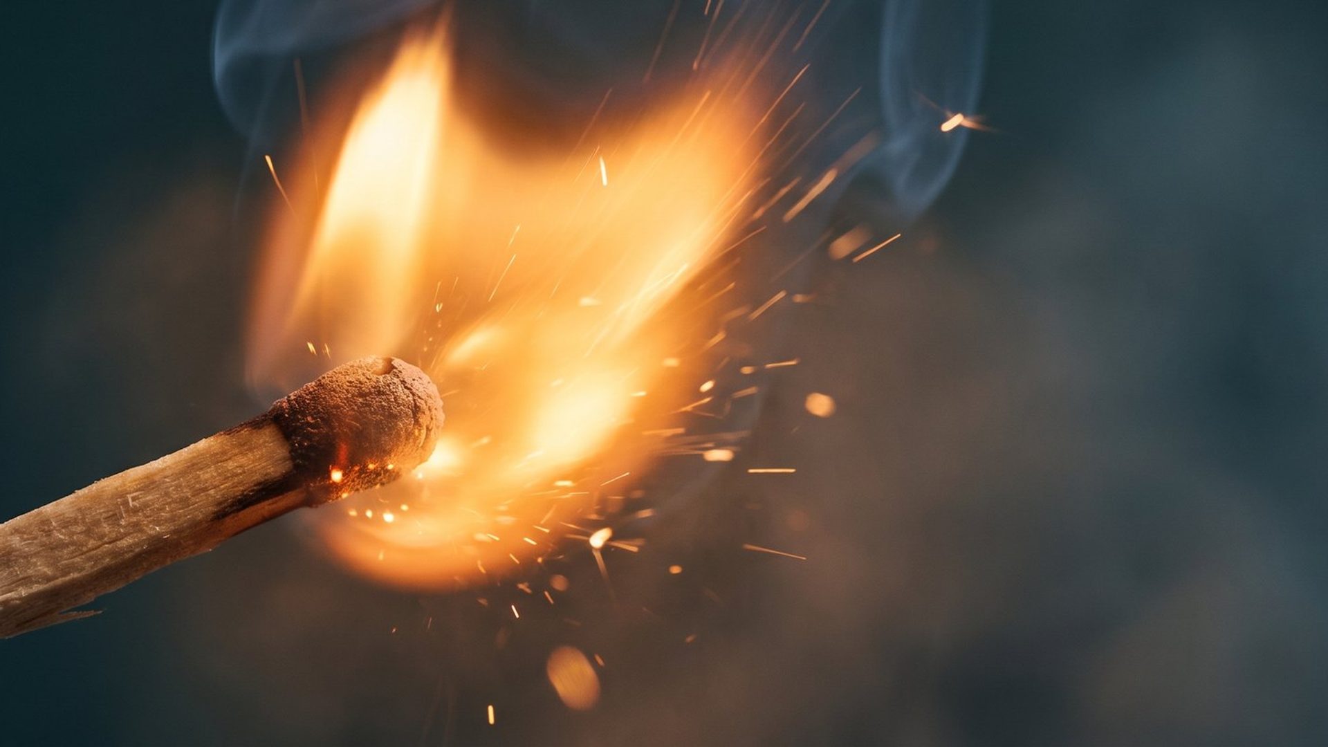 A single wooden match striking into a bright amber flame in the dark -- the spark of an idea AI can't copy.