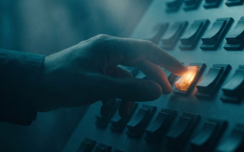 A hand reaching to press one glowing amber switch in a wall of identical dark switches