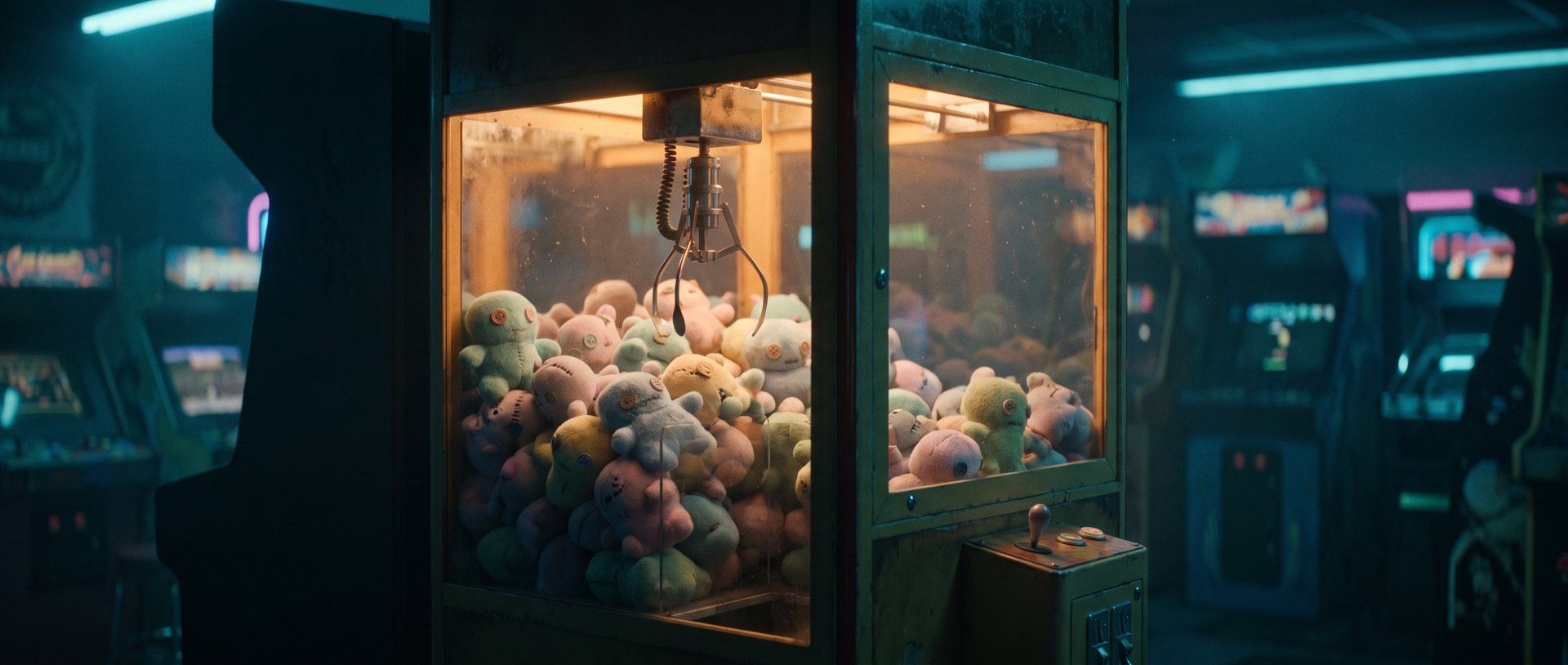 A vintage arcade claw machine crammed with cheap plush prizes, glowing in a dark arcade