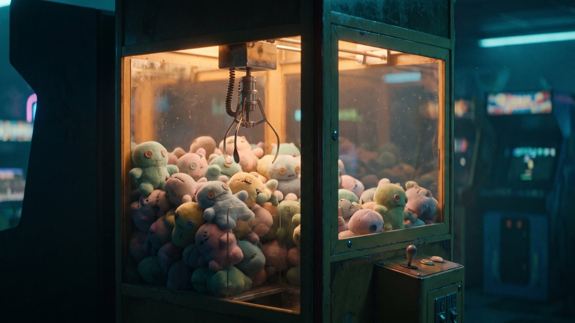 A vintage arcade claw machine crammed with cheap plush prizes, glowing in a dark arcade