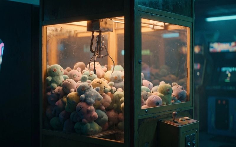 A vintage arcade claw machine crammed with cheap plush prizes, glowing in a dark arcade