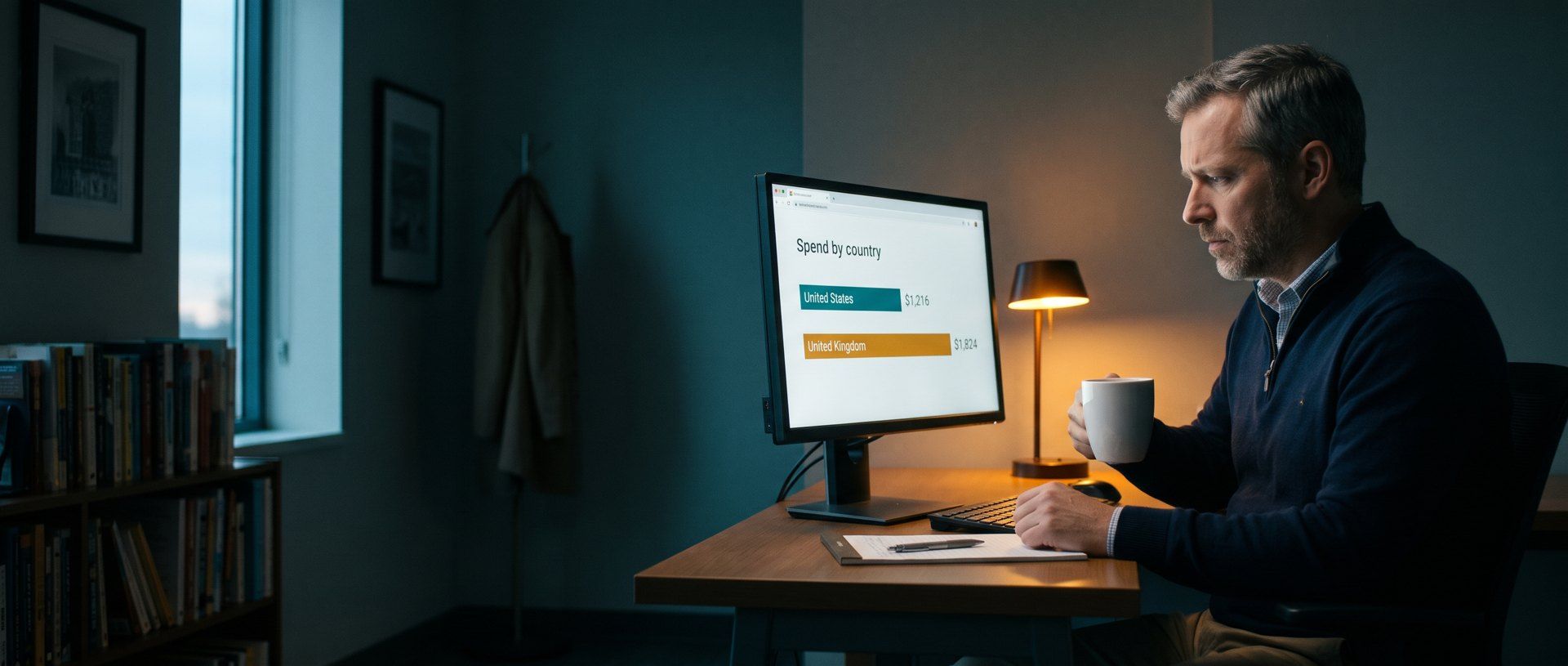 A small consulting firm's owner at his desk just after dawn, coffee in hand, frowning at a monitor that shows spend by country: a short United States bar at $1,216 and a longer United Kingdom bar at $1,824.