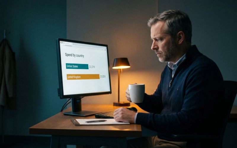 A small consulting firm's owner at his desk just after dawn, coffee in hand, frowning at a monitor that shows spend by country: a short United States bar at $1,216 and a longer United Kingdom bar at $1,824.