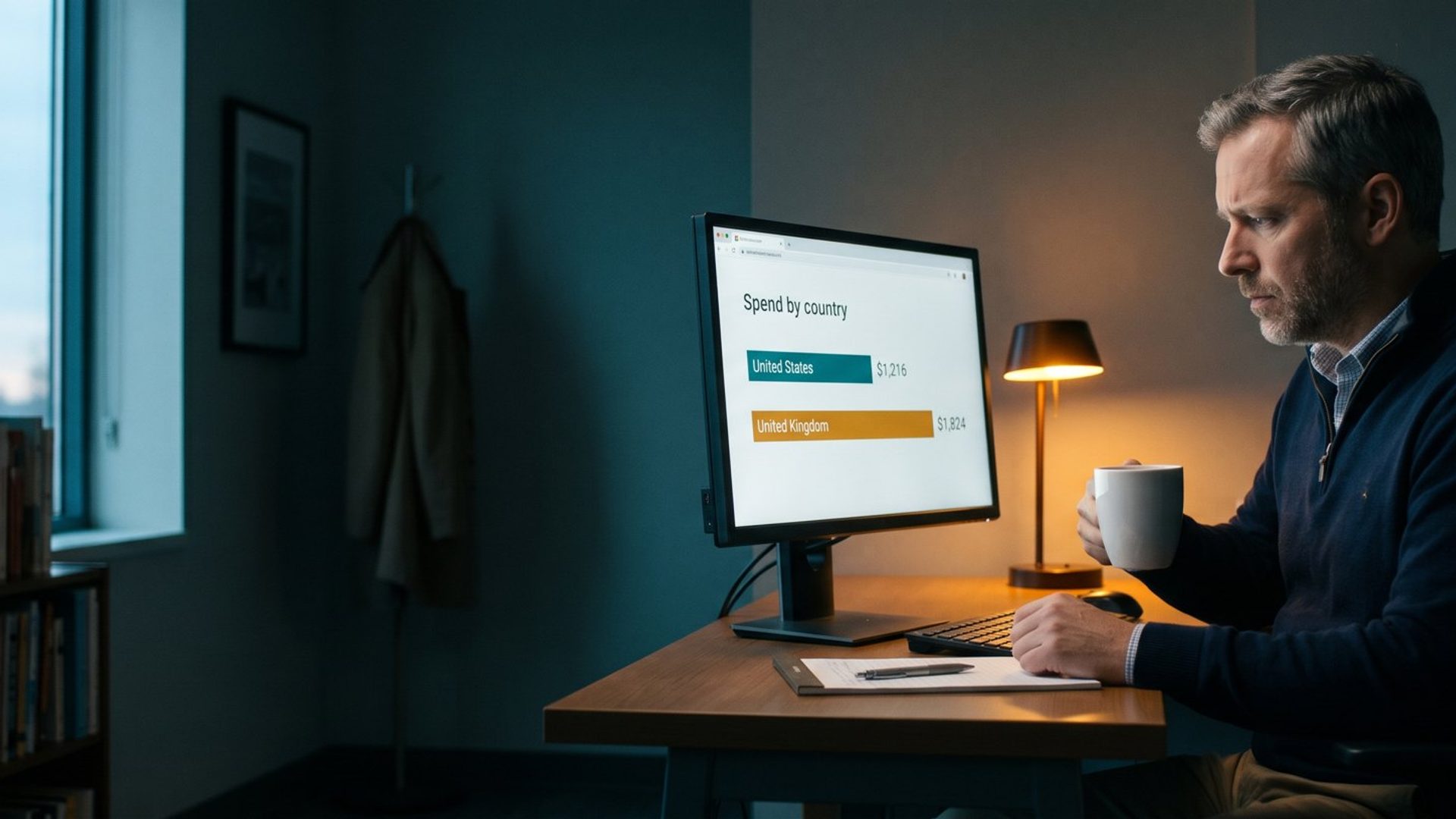 A small consulting firm's owner at his desk just after dawn, coffee in hand, frowning at a monitor that shows spend by country: a short United States bar at $1,216 and a longer United Kingdom bar at $1,824.