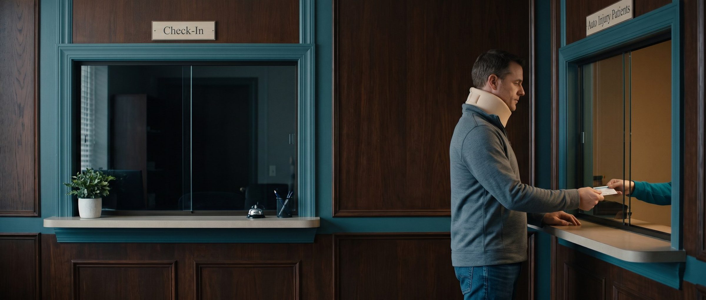 In a chiropractic front office, a man in a soft neck collar hands his insurance card across a separate check-in window marked Auto Injury Patients