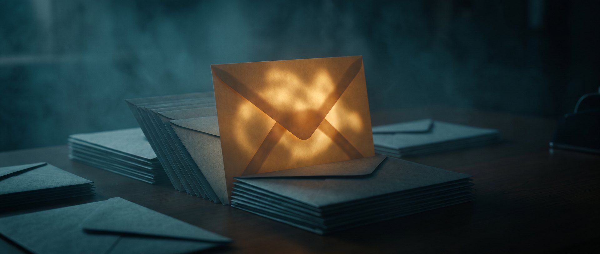 A single envelope glowing warm amber, standing out among a stack of dim grey envelopes - the one message that actually gets opened.