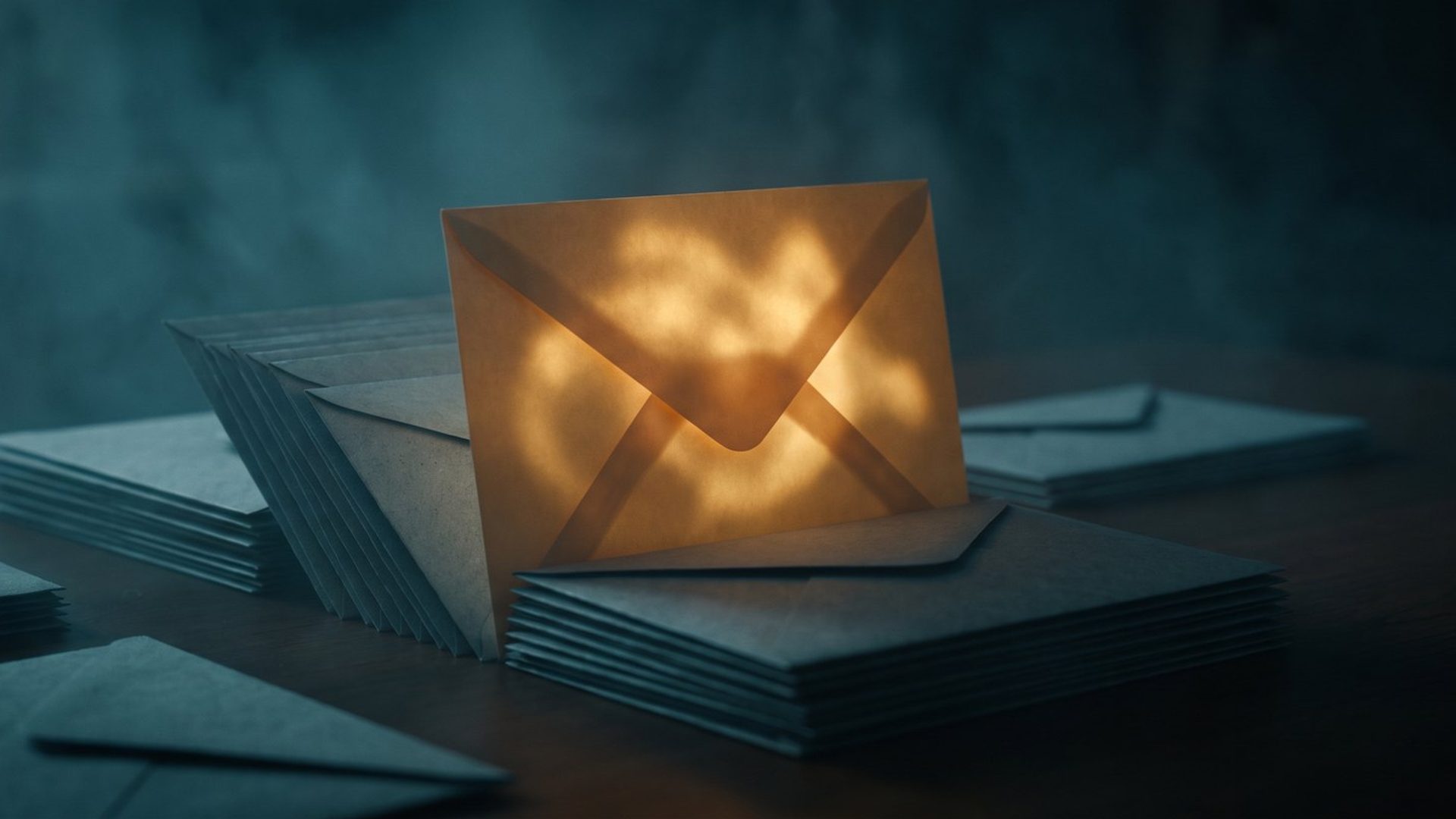 A single envelope glowing warm amber, standing out among a stack of dim grey envelopes - the one message that actually gets opened.