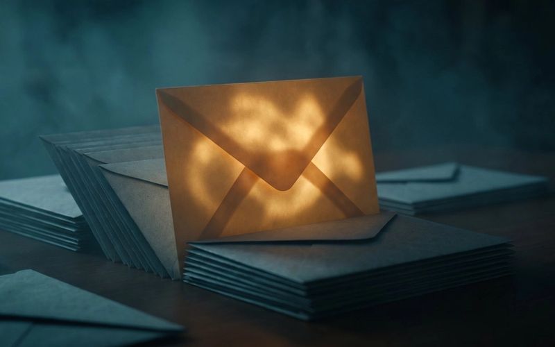 A single envelope glowing warm amber, standing out among a stack of dim grey envelopes - the one message that actually gets opened.