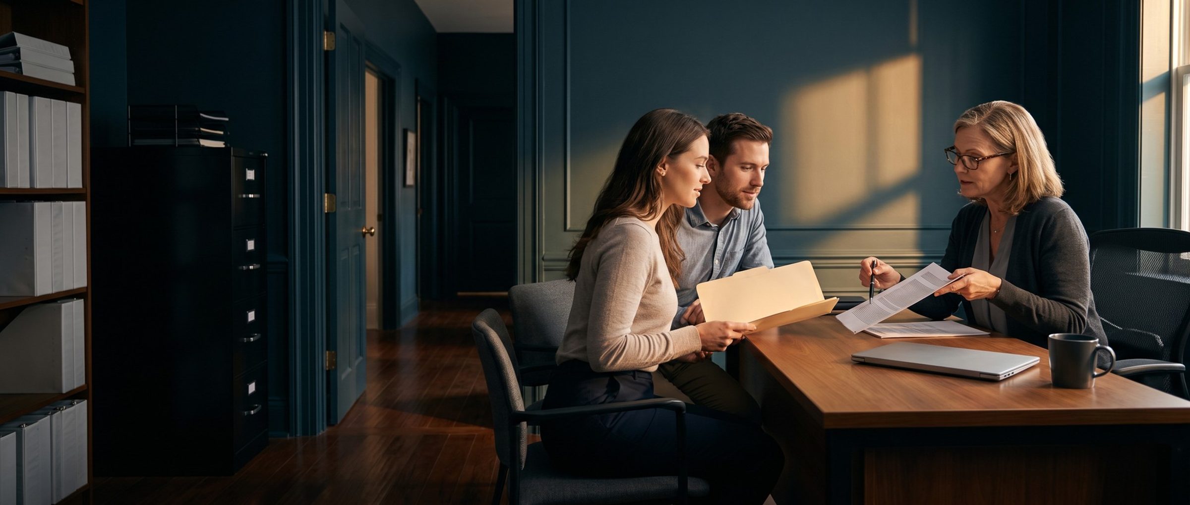 A young couple seated across a wooden desk from a tax preparer in reading glasses who points with a pen to a line on a page, the couple holding a manila folder of their papers, in a small office lit by late-afternoon window light