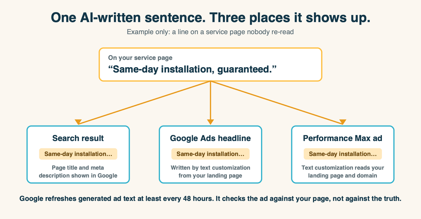 One AI-written sentence on a service page, "Same-day installation, guaranteed," flowing into three places at once: the search result snippet, a Google Ads headline written by text customization, and a Performance Max ad built from the same landing page, with a note that Google refreshes generated ad text at least every 48 hours and checks it against the page, not against the truth