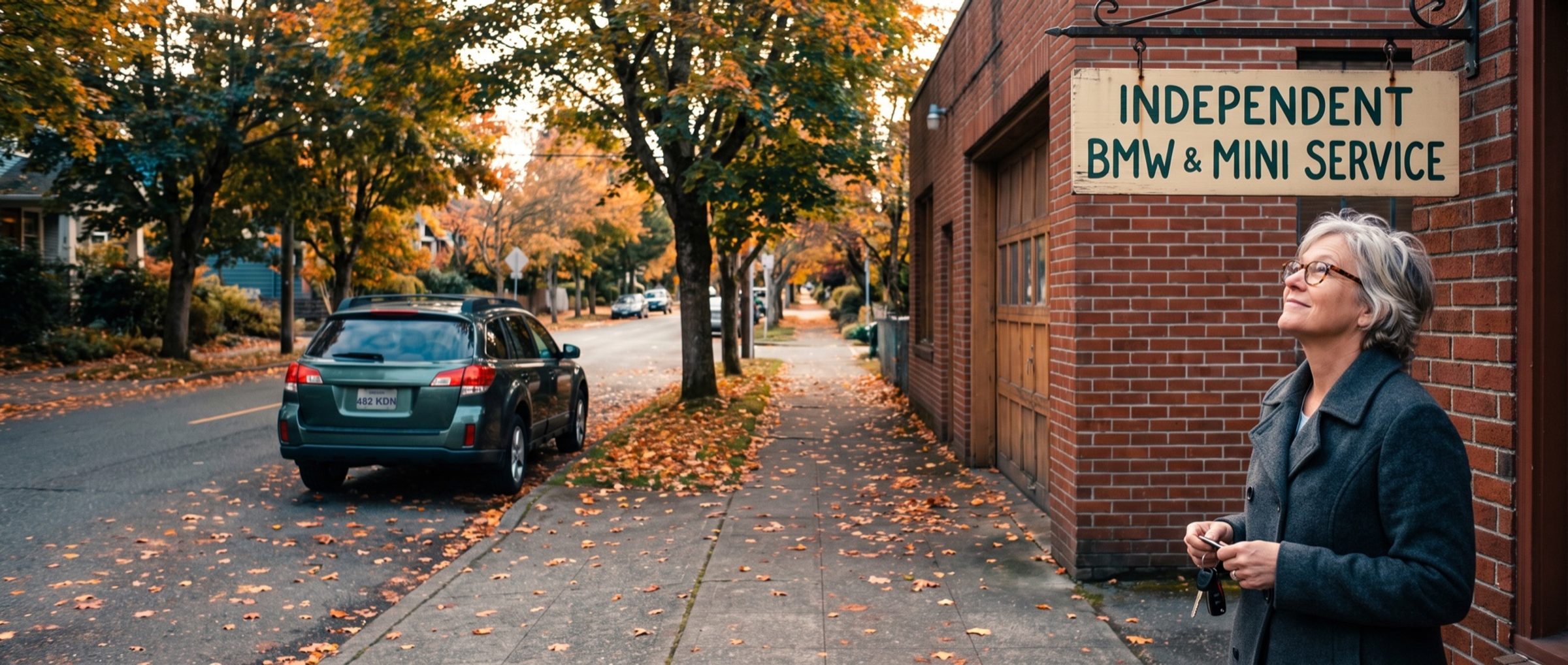 On a tree-lined sidewalk in fall, a silver-haired woman in a gray coat holds her car keys and looks up at a hanging sign on a brick garage that reads Independent BMW & MINI Service, her green wagon parked at the curb down the street