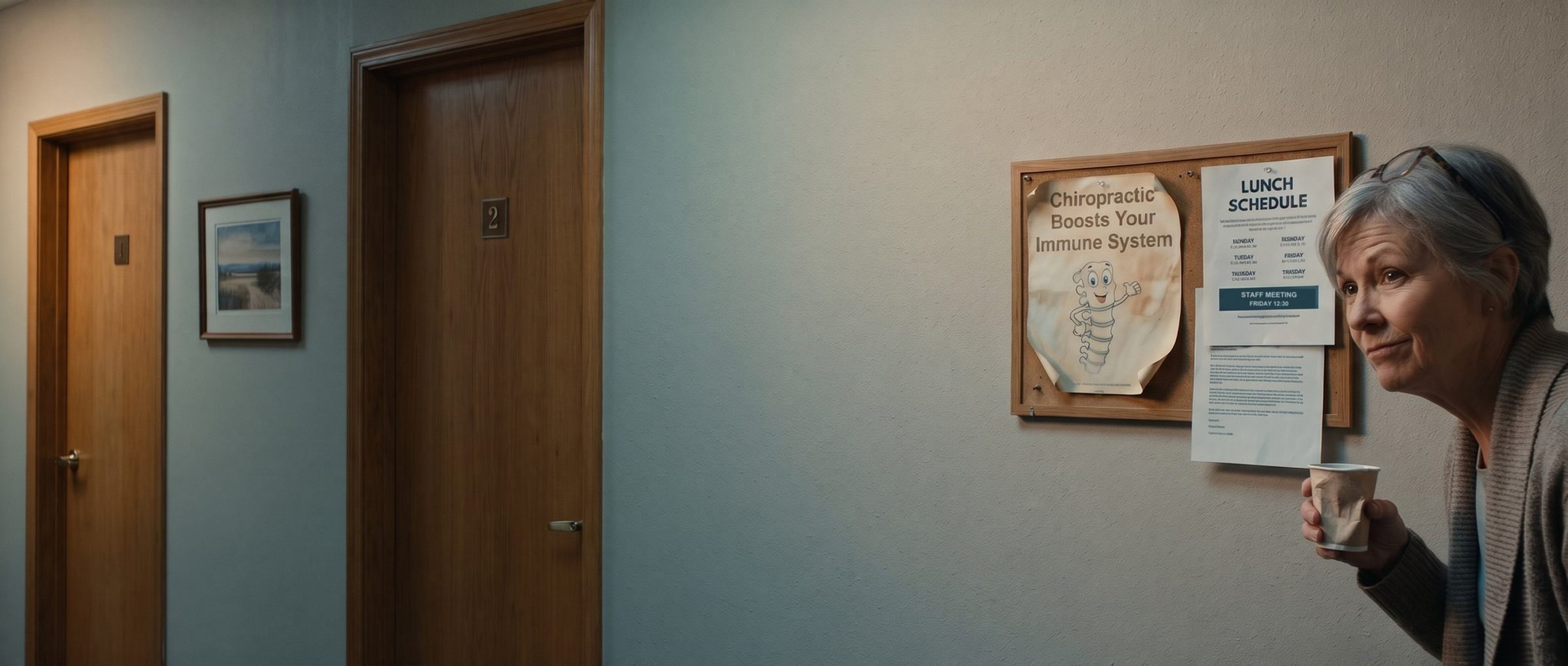 In a chiropractic office hallway, a gray-haired patient holding a paper cup raises an eyebrow at a faded, curling poster that reads Chiropractic Boosts Your Immune System