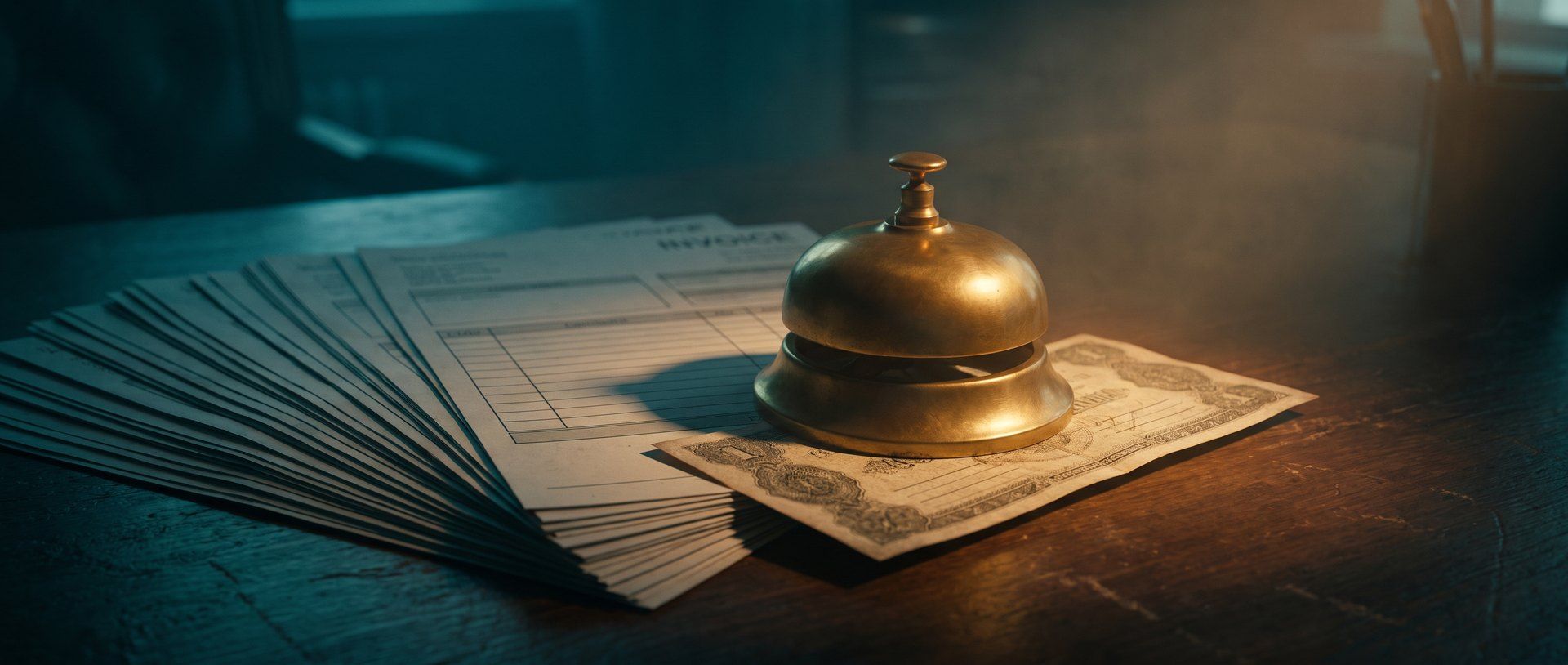 A brass service bell resting on a single banknote beside a fanned stack of printed invoice forms on a dark desk, lit warm amber against deep teal shadow