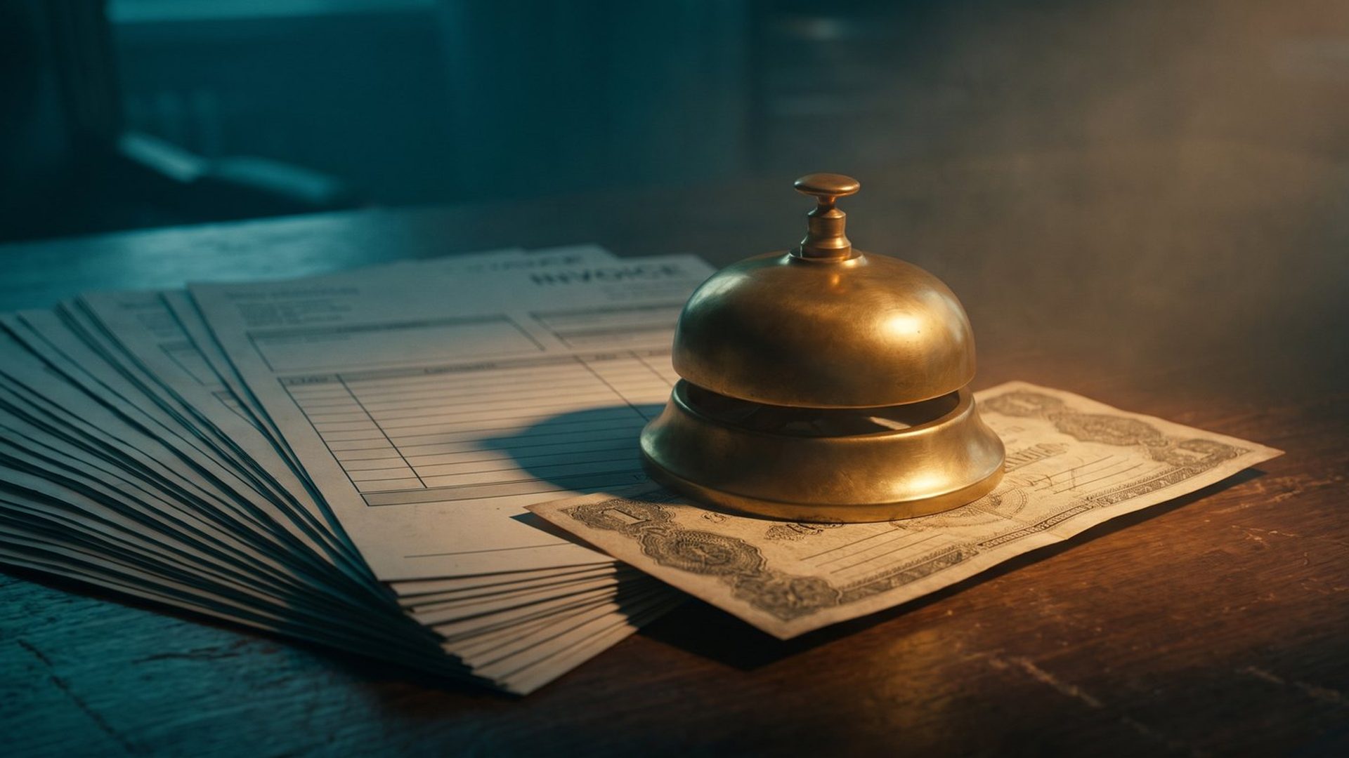 A brass service bell resting on a single banknote beside a fanned stack of printed invoice forms on a dark desk, lit warm amber against deep teal shadow
