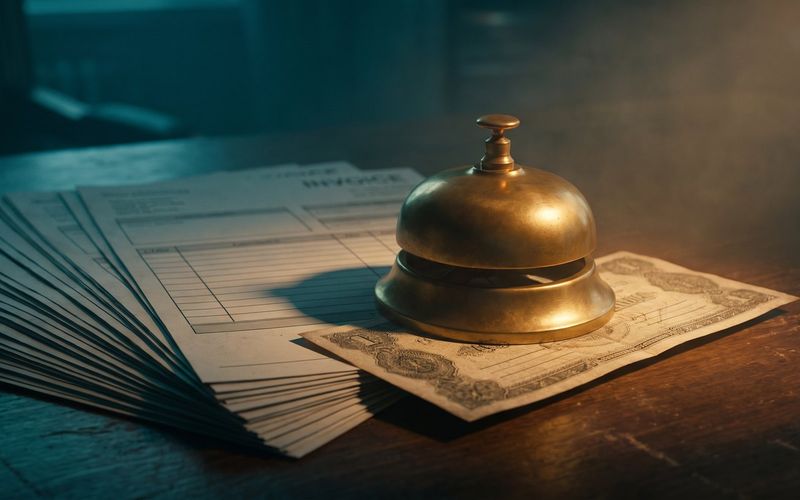 A brass service bell resting on a single banknote beside a fanned stack of printed invoice forms on a dark desk, lit warm amber against deep teal shadow