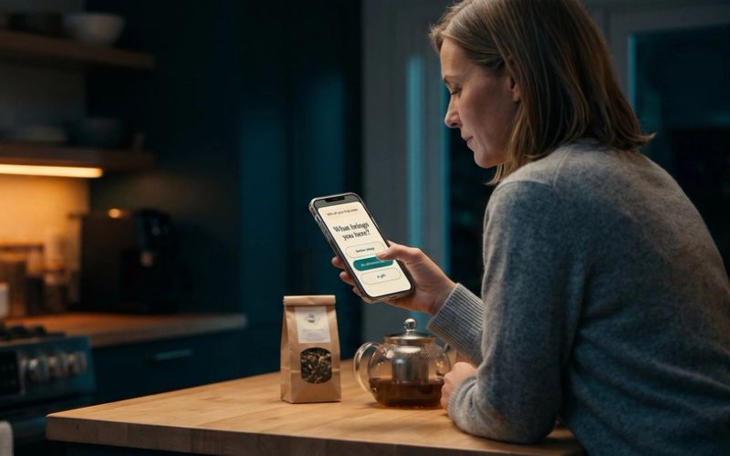 A woman at her kitchen counter in the evening holds her phone, where an online tea shop's signup popup asks What brings you here? with three answer buttons: Better sleep, An afternoon lift, and A gift, while a kettle steams on the stove behind her