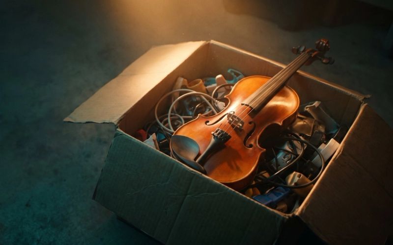 A handcrafted violin with glowing varnished wood lying across an open cardboard box of tangled cables and cheap plastic junk on a dark floor, lit by a single warm amber light.