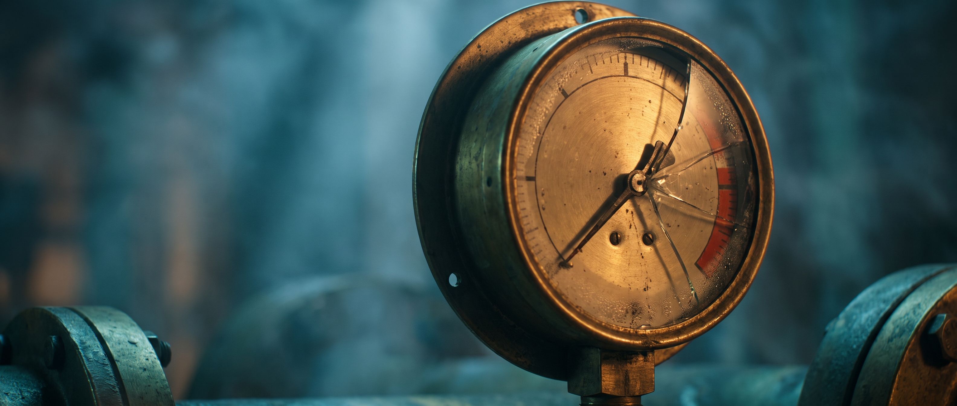 A brass pressure gauge with its needle pushed hard past the red danger zone, warm amber glow on the strained dial against deep teal shadow - a campaign pushed past its limit.