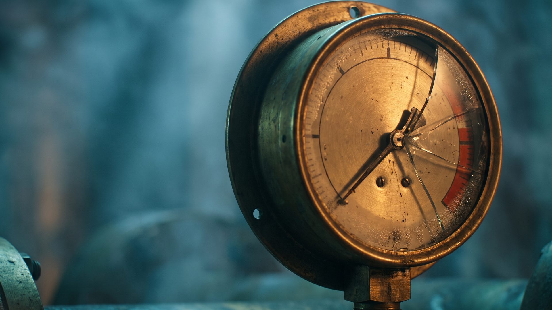 A brass pressure gauge with its needle pushed hard past the red danger zone, warm amber glow on the strained dial against deep teal shadow - a campaign pushed past its limit.