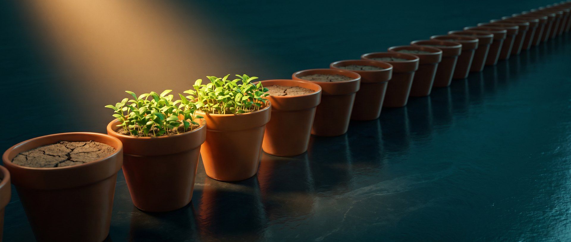 A long row of terracotta pots with only two holding thriving green seedlings while the rest sit empty and dry -- the two channels that actually work.