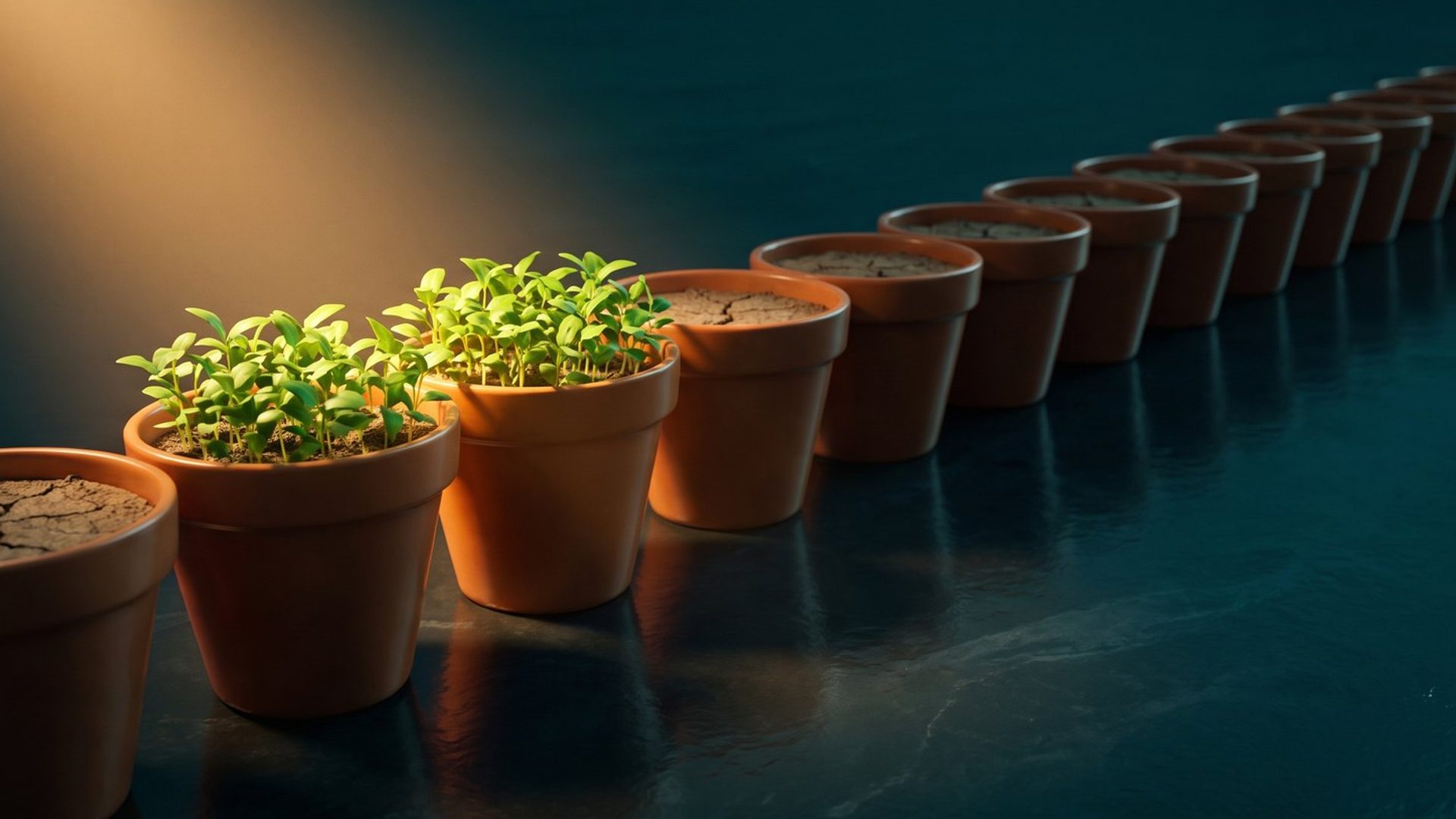 A long row of terracotta pots with only two holding thriving green seedlings while the rest sit empty and dry -- the two channels that actually work.