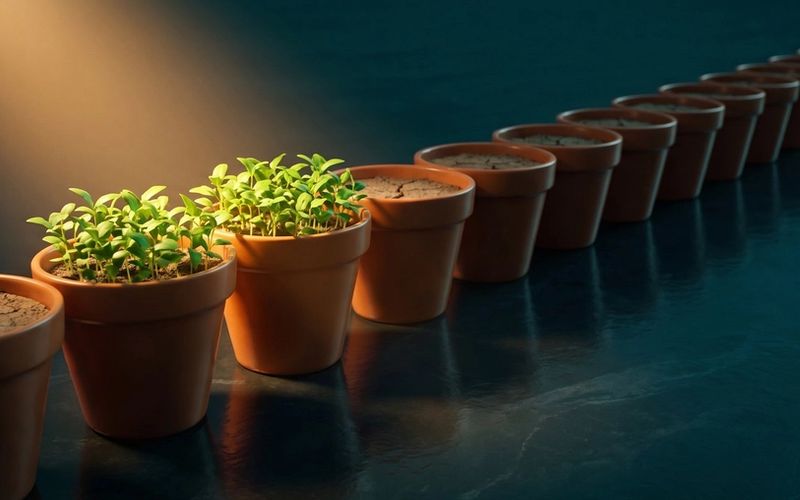 A long row of terracotta pots with only two holding thriving green seedlings while the rest sit empty and dry -- the two channels that actually work.