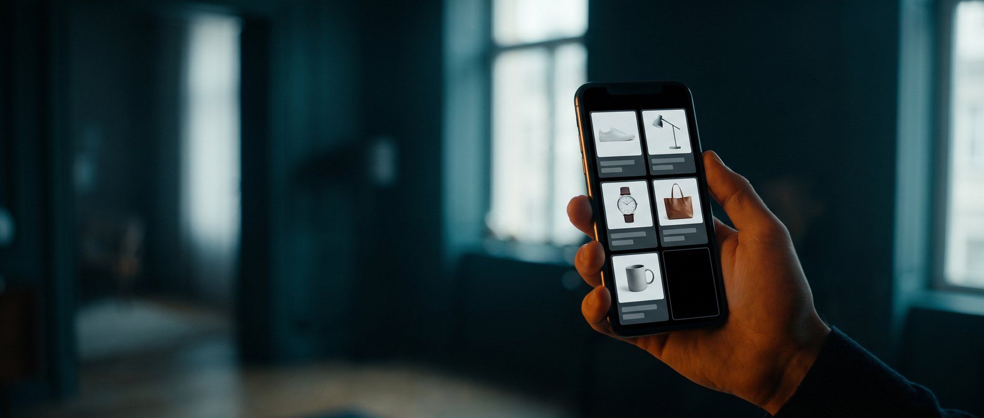 A hand holding a smartphone in a dark room, the screen showing a grid of online shopping product tiles with one tile gone completely dark