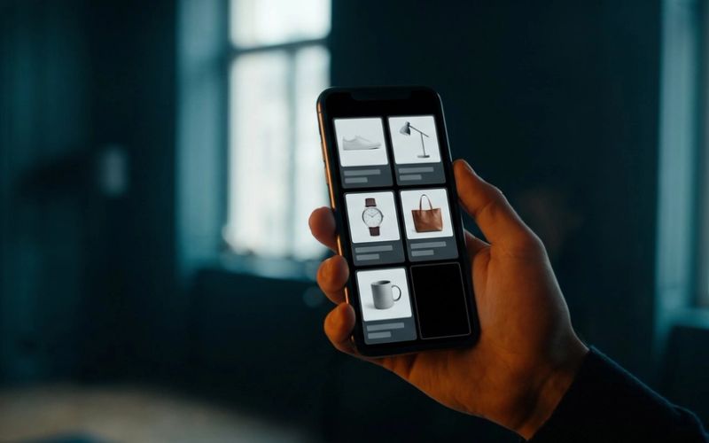 A hand holding a smartphone in a dark room, the screen showing a grid of online shopping product tiles with one tile gone completely dark