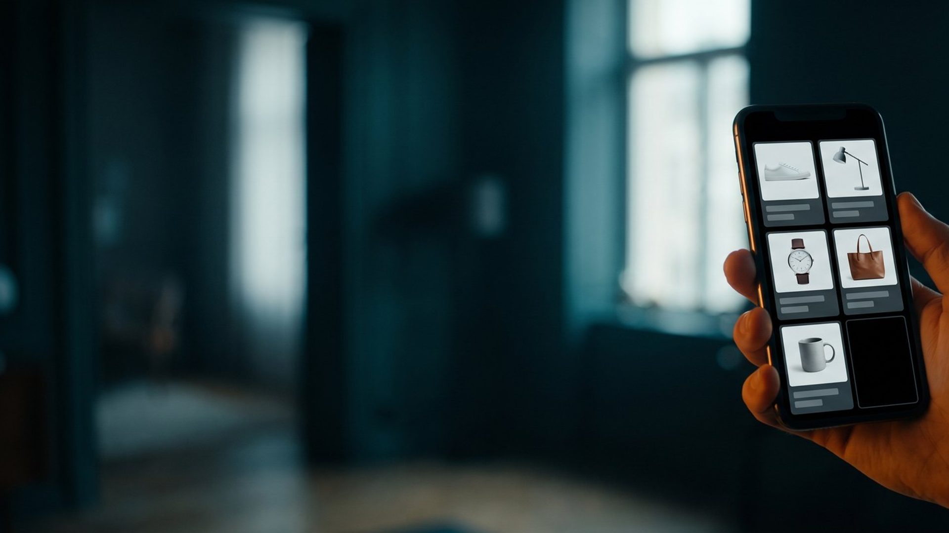 A hand holding a smartphone in a dark room, the screen showing a grid of online shopping product tiles with one tile gone completely dark