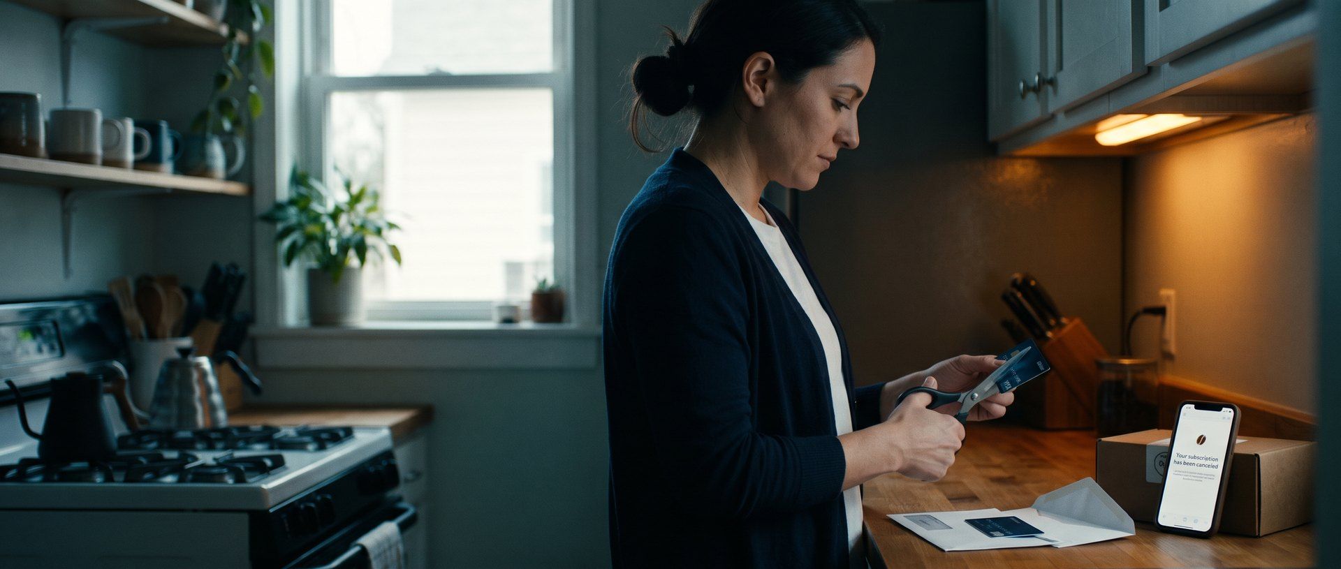 A woman at her kitchen counter in the morning cuts her old credit card in half with scissors while her new card sits on its bank mailer and her phone, propped against a coffee subscription box, shows an email reading Your subscription has been canceled