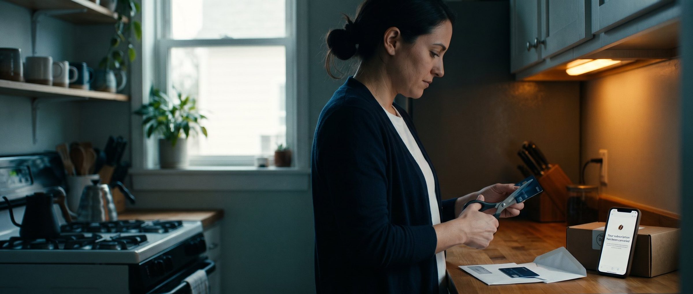 A woman at her kitchen counter in the morning cuts her old credit card in half with scissors while her new card sits on its bank mailer and her phone, propped against a coffee subscription box, shows an email reading Your subscription has been canceled