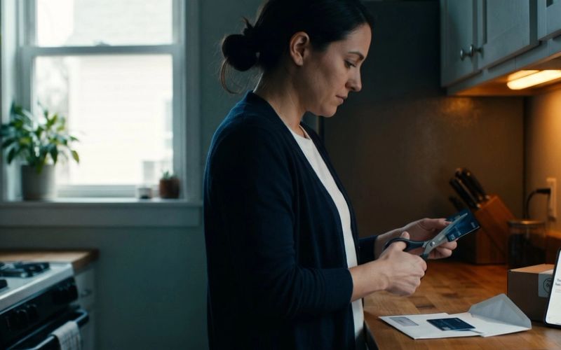 A woman at her kitchen counter in the morning cuts her old credit card in half with scissors while her new card sits on its bank mailer and her phone, propped against a coffee subscription box, shows an email reading Your subscription has been canceled