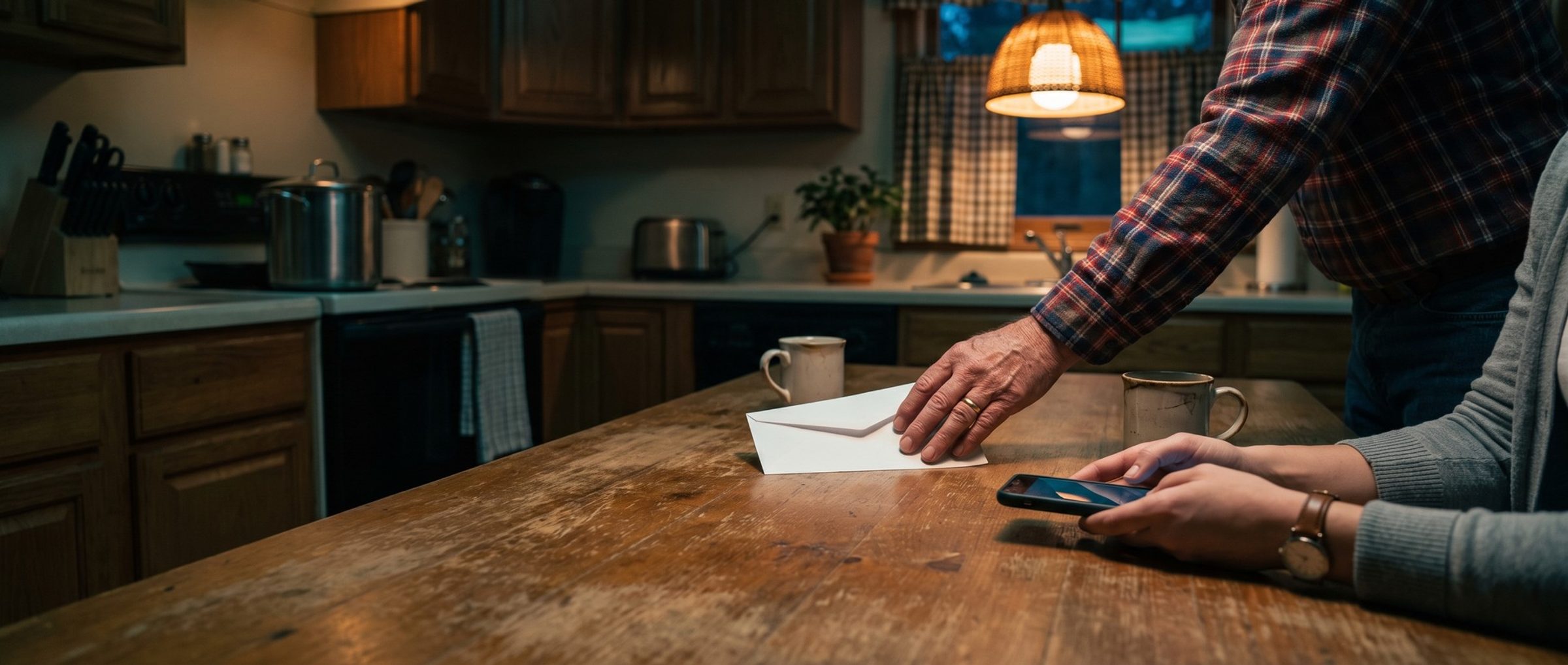 Evening in a family kitchen: an older man in a flannel shirt leans in and slides a blank envelope across a worn wooden table toward his adult daughter, whose hands hold a phone, under a warm pendant lamp