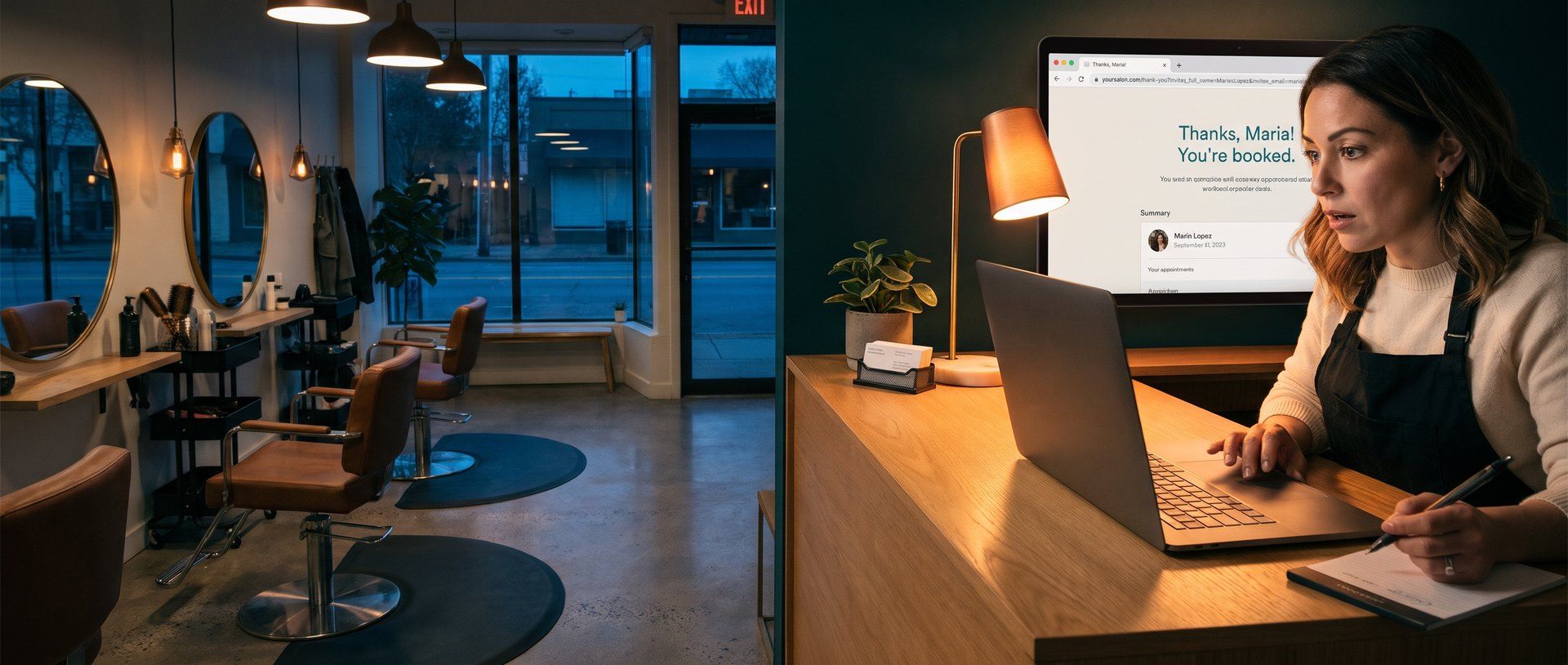 A hair salon owner at her reception desk after closing leans toward her laptop, reading a booking confirmation page that says Thanks, Maria! You're booked, with the customer's details in the browser address bar.