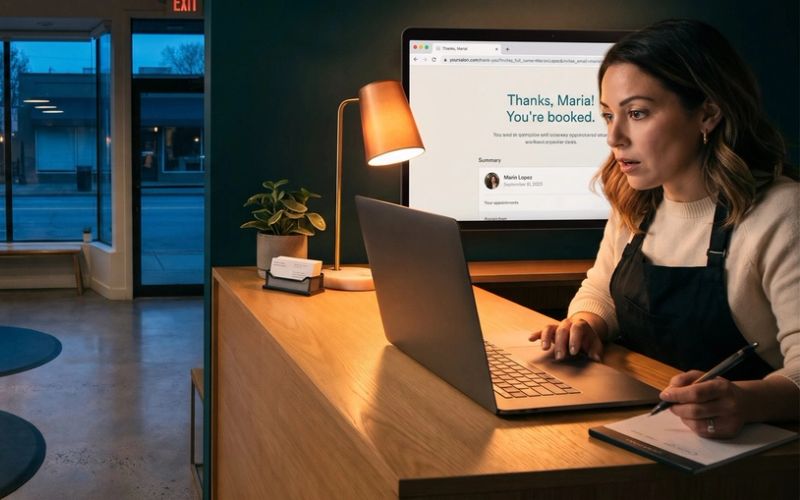 A hair salon owner at her reception desk after closing leans toward her laptop, reading a booking confirmation page that says Thanks, Maria! You're booked, with the customer's details in the browser address bar.