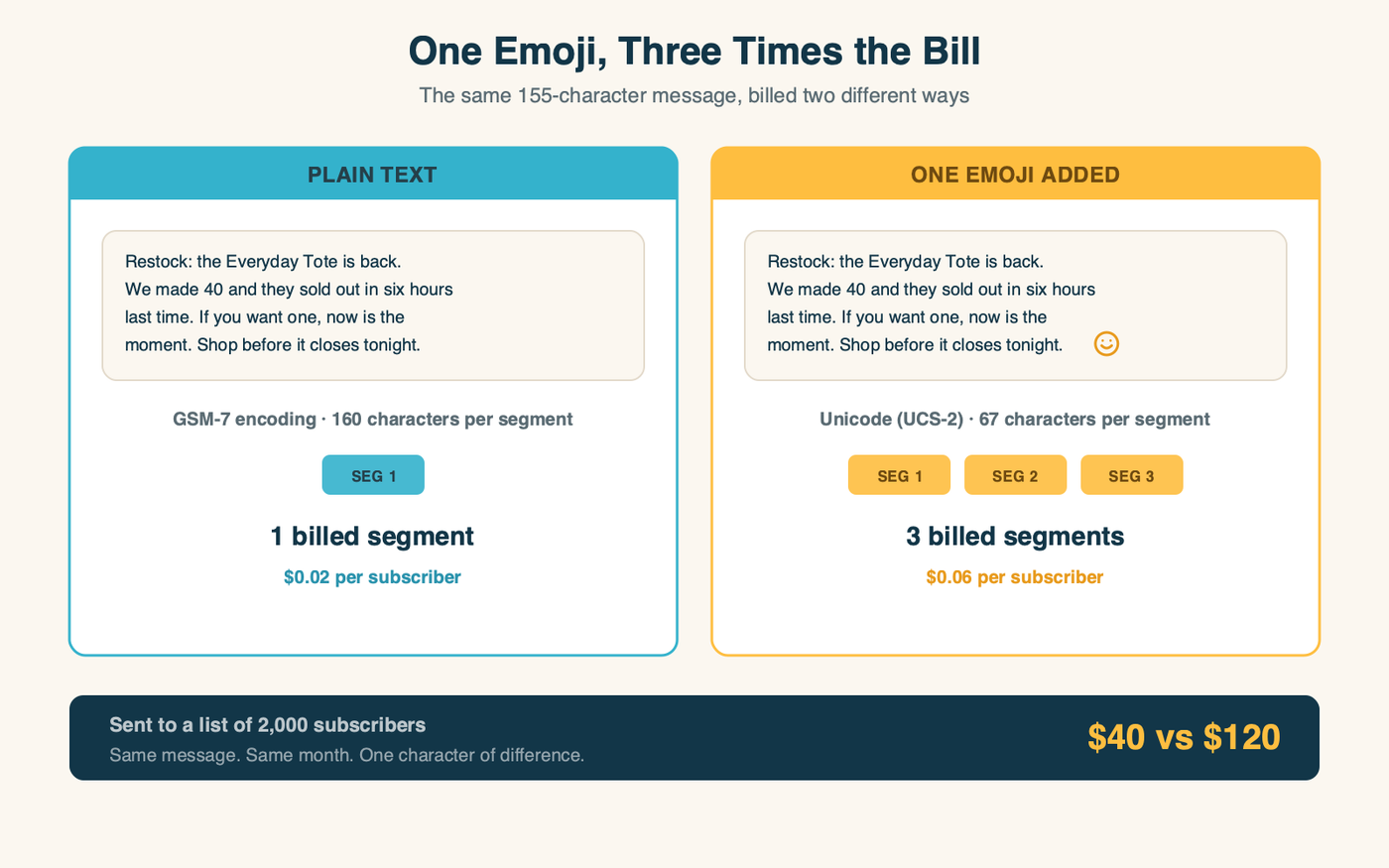 The same 155-character text message billed as one segment in plain GSM-7 and as three segments once a single emoji forces Unicode encoding