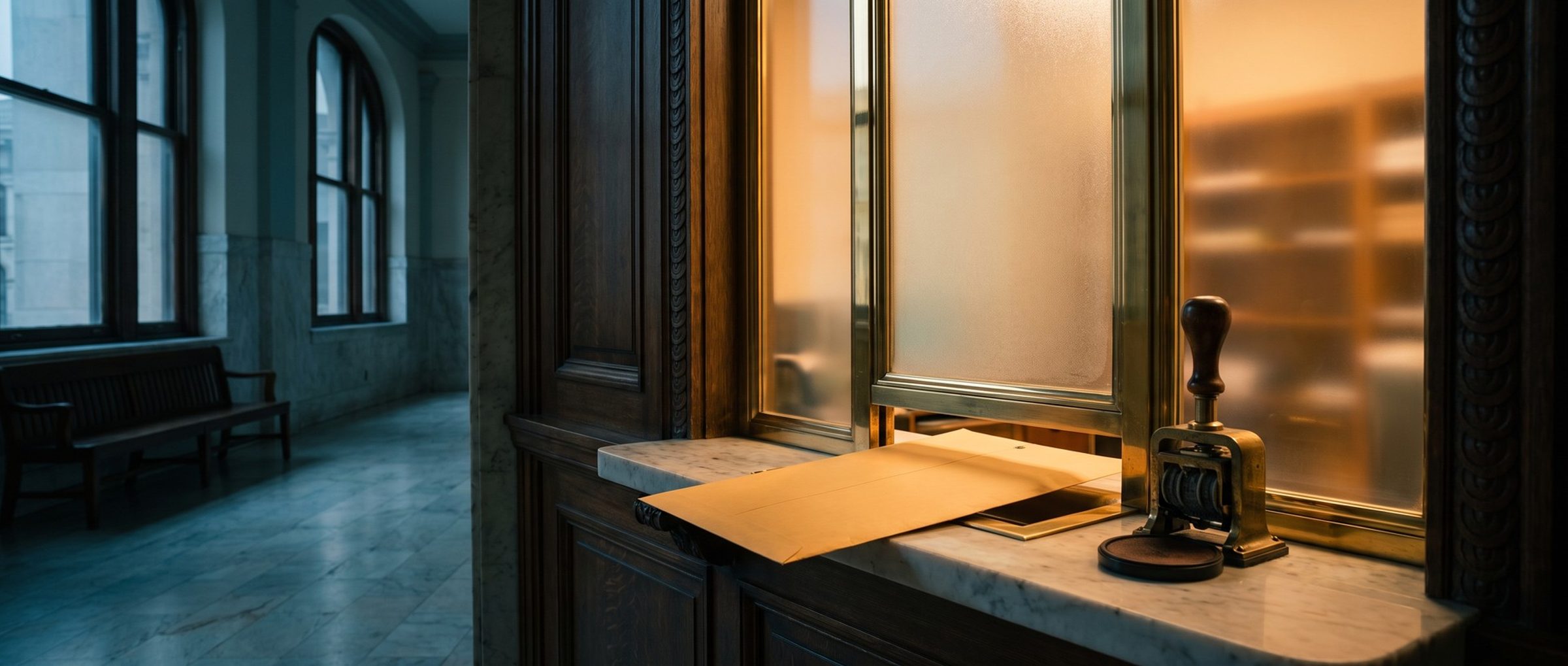 Early morning at an old state office: a frosted-glass clerk's window glowing amber, a manila envelope half slid into the brass pass-through tray on a marble counter, and a vintage brass date-stamp machine beside it